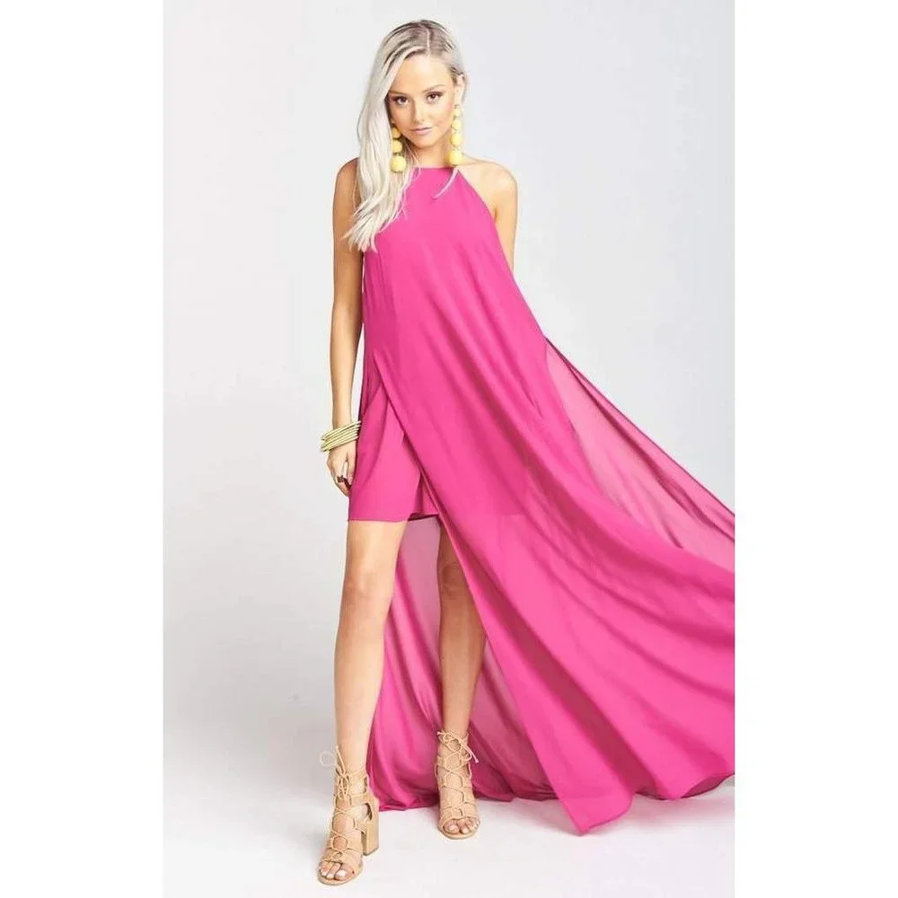 Show Me Your MuMu Bronte Maxi Dress Size XS Fuchsia Pop Pink Side Slits Chiffon - Picture 4 of 11